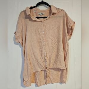 Jachs Girlfriend Womens XL PINK Button Down Shirt Tie Front Linen Collared